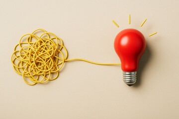 Wall Mural - red light bulb connected to tangled yellow wire symbolizing creative solution and business idea on b