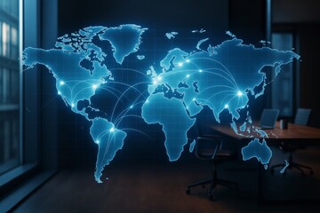 Wall Mural - glowing digital world map with global network connections over modern business office background, sy