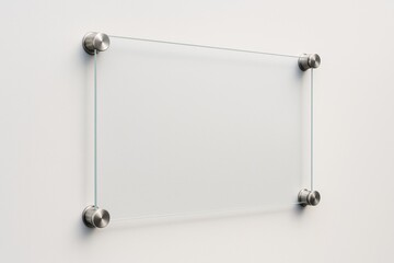 Wall Mural - blank frosted glass signage panel with metallic mounts on white wall background for business brandin