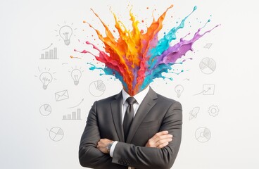 Wall Mural - businessman with exploding colorful paint splash instead of head symbolizing creativity and innovati