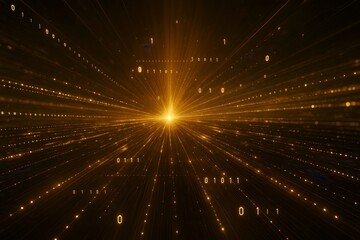 Wall Mural - futuristic abstract background with glowing binary code and golden light rays bursting from center i