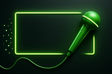 Wall Mural - green microphone with neon glowing frame on dark background, featuring futuristic abstract light des