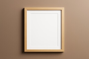 Wall Mural - minimal wooden photo frame with white mat on brown background, clean wall composition ideal for post