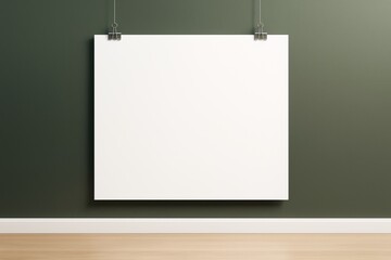 Wall Mural - minimal blank poster hanging on green wall with wooden floor, clean mockup design template for brand