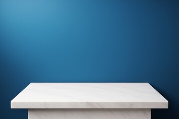 Wall Mural - white marble table surface in front of a smooth blue wall background with clean lighting and blank c