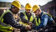 © am - Diverse team of male industrial workers in hard hats and safety vests collaborating on a project at a construction site
