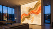 © Arip - Elegant modern lobby featuring a large, backlit abstract art wall with flowing orange and gold designs, creating a sophisticated ambiance.