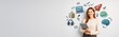 © Pixels Hunter - Smiling woman with digital tablet standing near e-learning and education icons on white background with copy space for banner or promotional design.