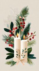 Wall Mural - two burning candles with christmas decoration, pine branches and red berries