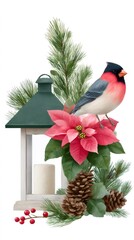 Wall Mural - christmas lantern, poinsettia, pine cones and bullfinch creating festive atmosphere