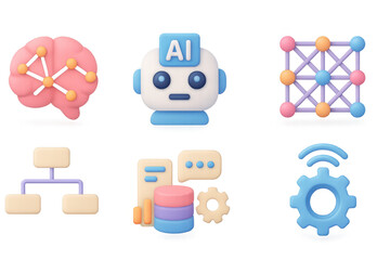 Wall Mural - colorful 3d ai and data-driven technology icons with neural networks a