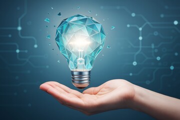Wall Mural - futuristic glowing polygonal light bulb floating above open hand on a digital technology background 