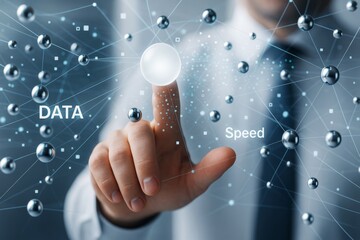 Wall Mural - businessman touching digital interface with glowing sphere, symbolizing data speed and modern techno