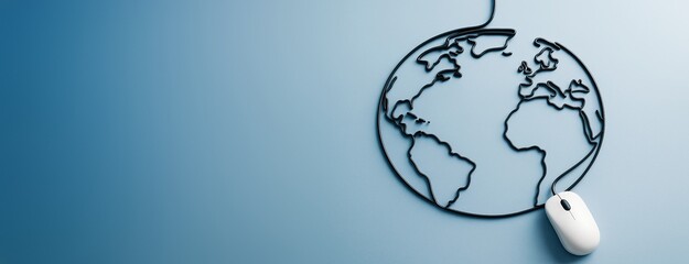 Wall Mural - computer mouse connected to a black wire forming a globe shape on a blue background, symbolizing glo