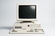 © Pixels Hunter - Retro beige desktop computer with CRT screen, keyboard, and floppy drive on clean white background for tech design or business copyspace template use.