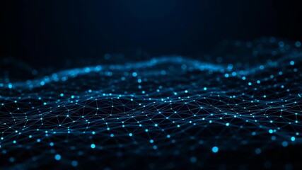 An abstract digital network of glowing blue nodes and connections against a dark background
