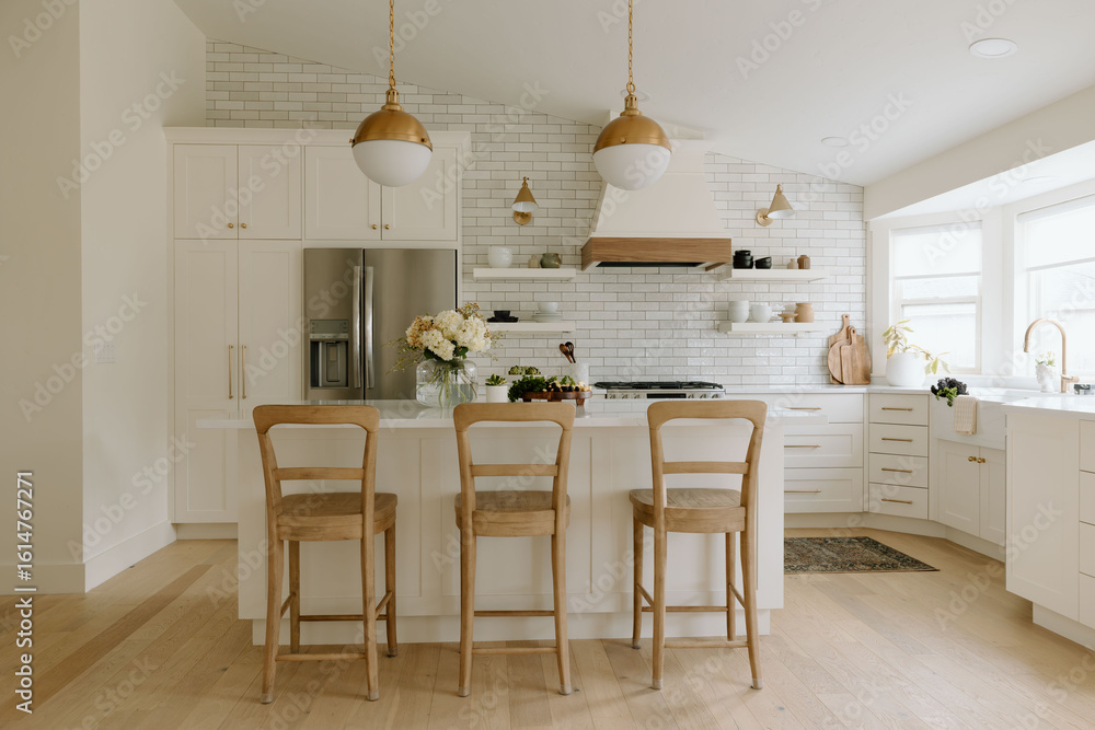 Modern farmhouse kitchen with airy, bright interior Stock Photo | Adobe ...