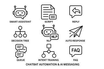 chatbot automation icons: smart assistant, nlp, auto response, intent training, faq