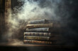 © pawczar - a stack of old, vintage books on a wooden shelf shrouded in mysterious smoke