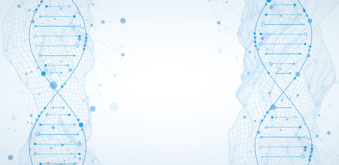 Wall Mural - abstract image of dna molecule on wireframe wave. scientific vector background.