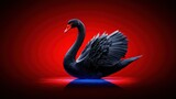 3D design of a majestic black swan towering from above, illuminated by deep blue lighting, set against a dark red background with a glowing floor reflection.