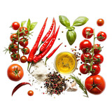 Colorful array of fresh vegetables and herbs, including vibrant red chili peppers, tomatoes, basil, and spices