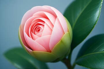 Wall Mural - Close-up of a delicate pink camellia flower with green leaves on a soft blue background, showcasing natural beauty and gentle floral details. Ai generative