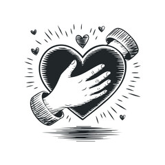 Wall Mural - engraved heart held by hand with banner in black and white graphic. hand drawn vector illustration