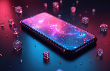Futuristic smartphone with glowing neon abstract background. Colorful app interface displays vibrant digital design. Floating device, innovation, communication, cyberspace, virtual reality. AI