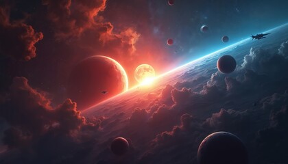 Wall Mural - vast cosmic landscape with planets, nebulae under binary sunset. spacecraft navigate through glowing