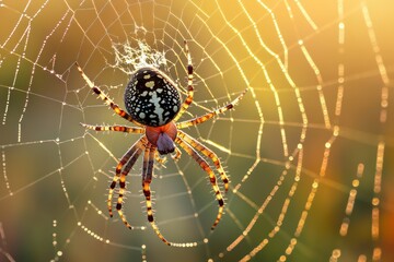 Spider resting on detailed web with morning dew