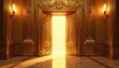 © Maryna - Ornate golden double doors open to bright, glowing interior. Intricate carvings adorn luxurious entrance. Sunlight streams across polished floor, suggesting wealth, opportunity, and welcoming passage.