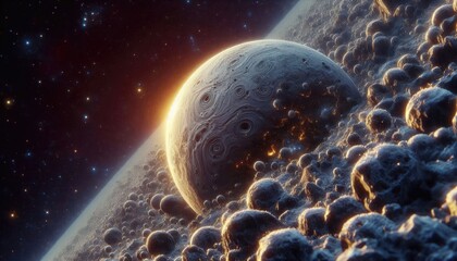 planet in nebula clouds planet amidst nebula clouds and debris.