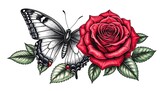 A detailed illustration of a butterfly and a rose