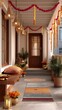 © Olena - Beautifully decorated home entrance with flower garlands, lanterns, cushions and festive lights for Navaratri