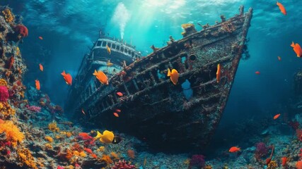 Wall Mural - experience the beauty of a shipwreck nestled in colorful coral reefs. this footage showcases stunnin