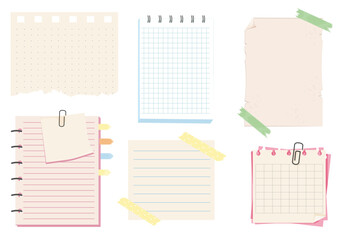 Wall Mural - Different note papers, memo pages with paper clip and adhesive tape. Set sticky remind blanks, sheets, stickers. Checklist ripped torn edge paper.