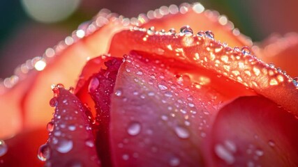 Wall Mural - This footage showcases a beautiful close-up of a rose petal with sparkling water droplets. Ideal for projects focused on nature and floral beauty. Generative AI