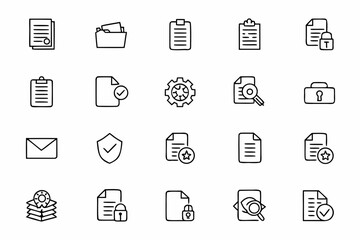 Wall Mural - A practical line icon set highlighting document control and audit evidence. Designed for audit report templates, SaaS tools, data rooms, and compliance platforms