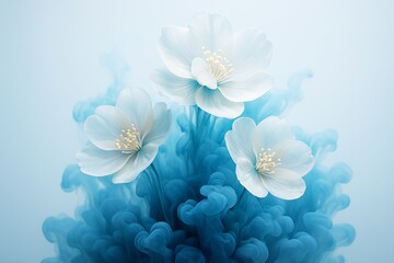 Wall Mural - Elegant white flowers floating above swirling blue ink clouds on a soft light background, symbolizing purity and creativity in abstract concept. Ai generative
