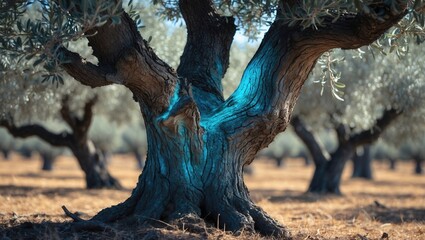 Ancient olive tree with textured bark and vibrant blue accents set in a sunlit grove during the day