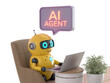 © SnapHive - Friendly yellow robot ai agent working on a laptop in a comfortable chair isolated on transparent background