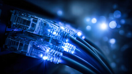 Wall Mural - A network switch with glowing blue data cables in an internet server room