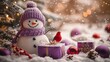 © pier - cute snowman with purple hat and gifts in cozy festive winter scene