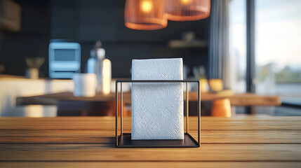 Wall Mural - White napkins in a black metal cube holder on a light brown wooden table in a modern kitchen. Blurry background of kitchen appliances and warm lighting