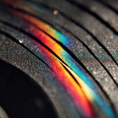 Close-up of circular patterns with a vibrant rainbow light effect across the surface