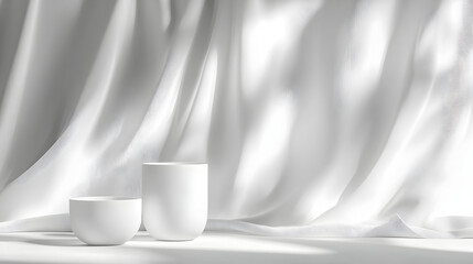 Wall Mural - White, minimalist scene with draped fabric and vessels