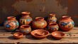 © Athiphat - illustrated composition of native american clay pottery decorated with bright patterns and animal sy