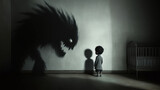 Concept: Childhood Nightmare, a small boy faces a terrifying shadow monster in his room, evoking fear and vulnerability.