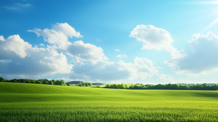 Wall Mural - green field and blue sky. field and clouds